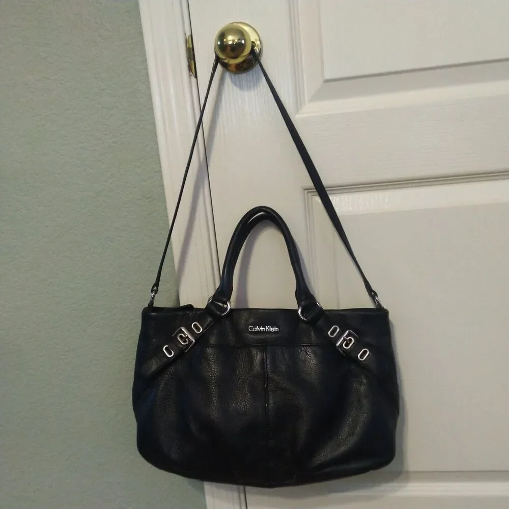 Calvin Klein Black Pebble Leather Convertible Satchel Shoulder Bag Buckle Accent